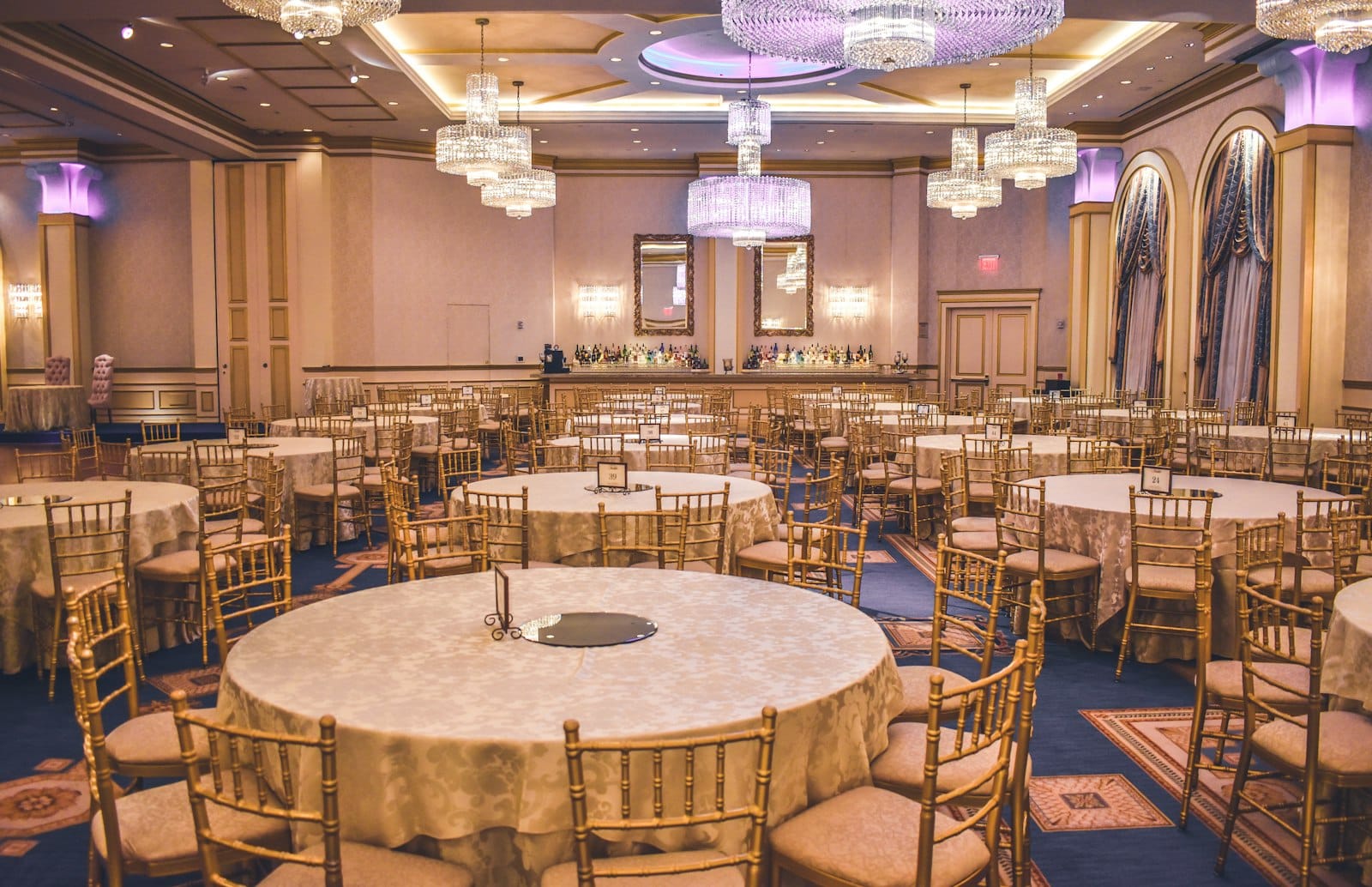 Gala ballroom set with round tables